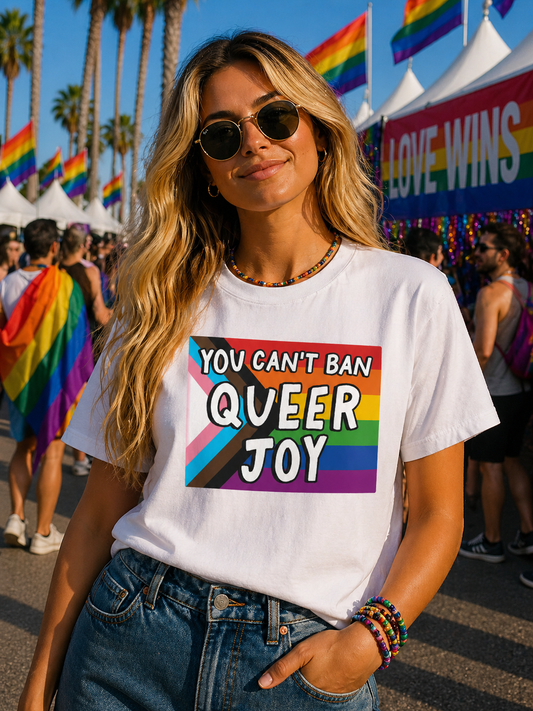 You Can’t Ban Queer Joy T-Shirt – Lightweight Cotton Tee | LGBTQ Pride Statement Activist Shirt