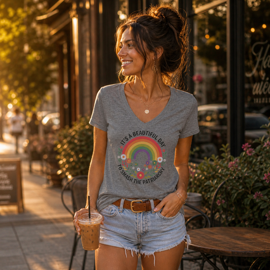 It’s a Beautiful Day to Smash the Patriarchy V-Neck T-Shirt – Lightweight Cotton Tee | Feminist Rainbow Floral Shirt