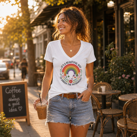 It’s a Beautiful Day to Smash the Patriarchy V-Neck T-Shirt – Lightweight Cotton Tee | Feminist Rainbow Floral Shirt