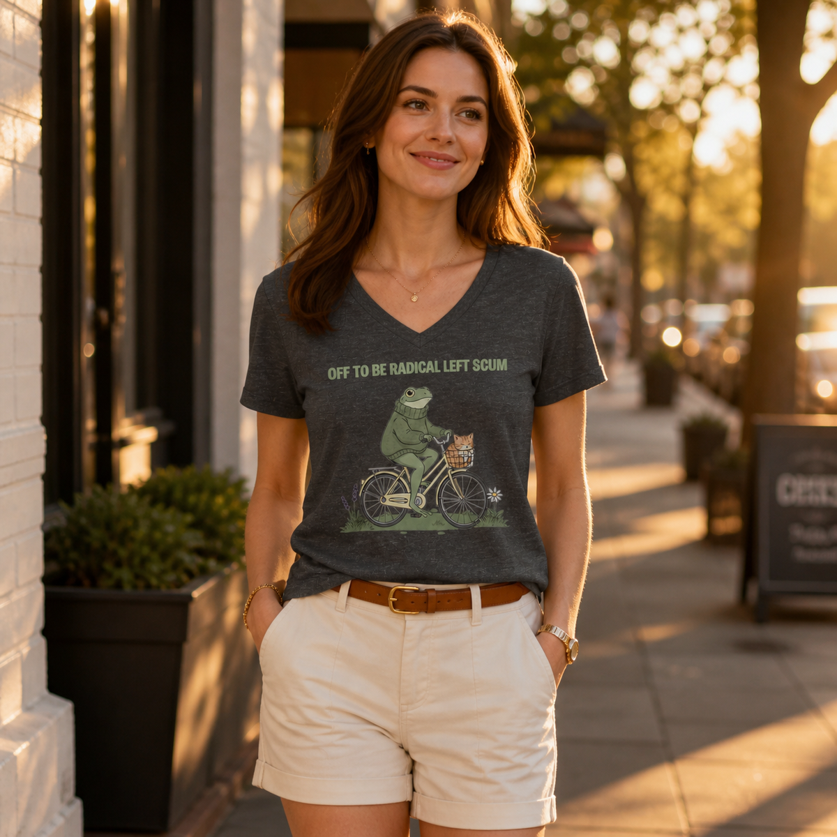Off to Be Radical Left Scum Frog Bike V-Neck T-Shirt