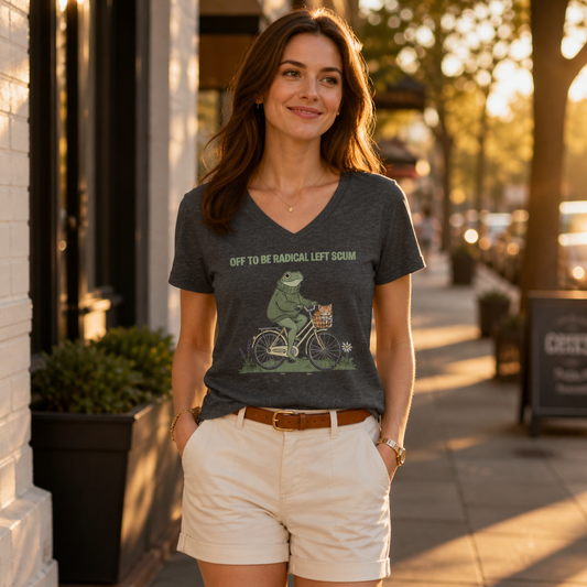 Off to Be Radical Left Scum Frog Bike V-Neck T-Shirt – Lightweight Cotton Tee | Funny Political Activist V-Neck Shirt