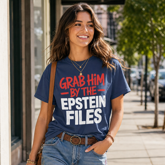 Grab Him by the Epstein Files Boxy Tee. Navy Blue with red and white writing.