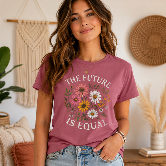 Woman wearing a pink t-shirt with floral design and 'The Future is Equal' text in a home setting.