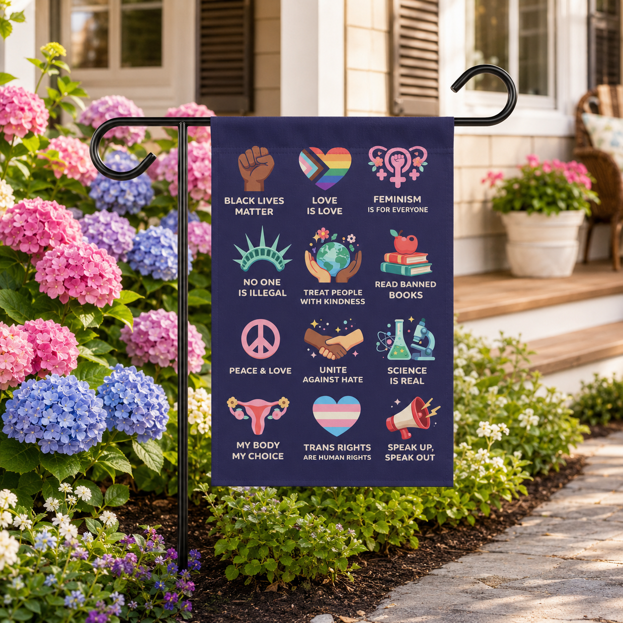 Garden & House Banner — Social Justice Icons Pride Garden Flag (Black Lives, Trans Rights, Feminism, Science)