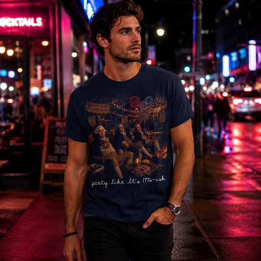 Man wearing a navy blue t-shirt with graphic design on a city street at night.