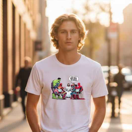 Jesus & Superheroes Coffee Break T-Shirt – Garment Dyed Heavyweight Tee | Funny Graphic Shirt