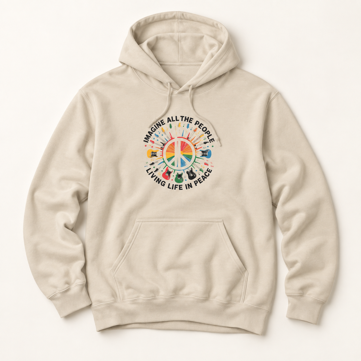 A light beige pullover hoodie with a colorful peace sign graphic on the chest, featuring the text 'IMAGINE ALL THE PEOPLE LIVING LIFE IN PEACE' and a rainbow of peace-themed icons, shown against a plain off-white background.