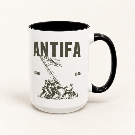 Antifa Vintage Iwo Jima Coffee Mug on warm off-white background