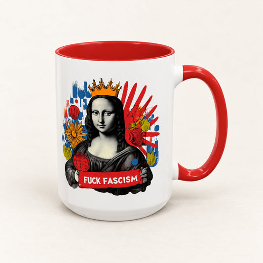 F*ck Fascism Coffee Mug, product view on warm off-white