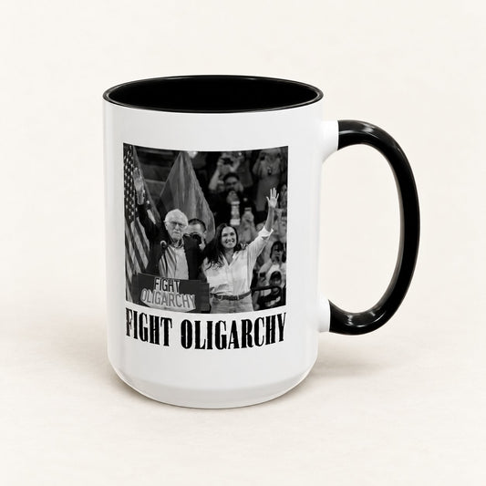 Fight Oligarchy Coffee Mug, 15 oz, on a warm off-white background