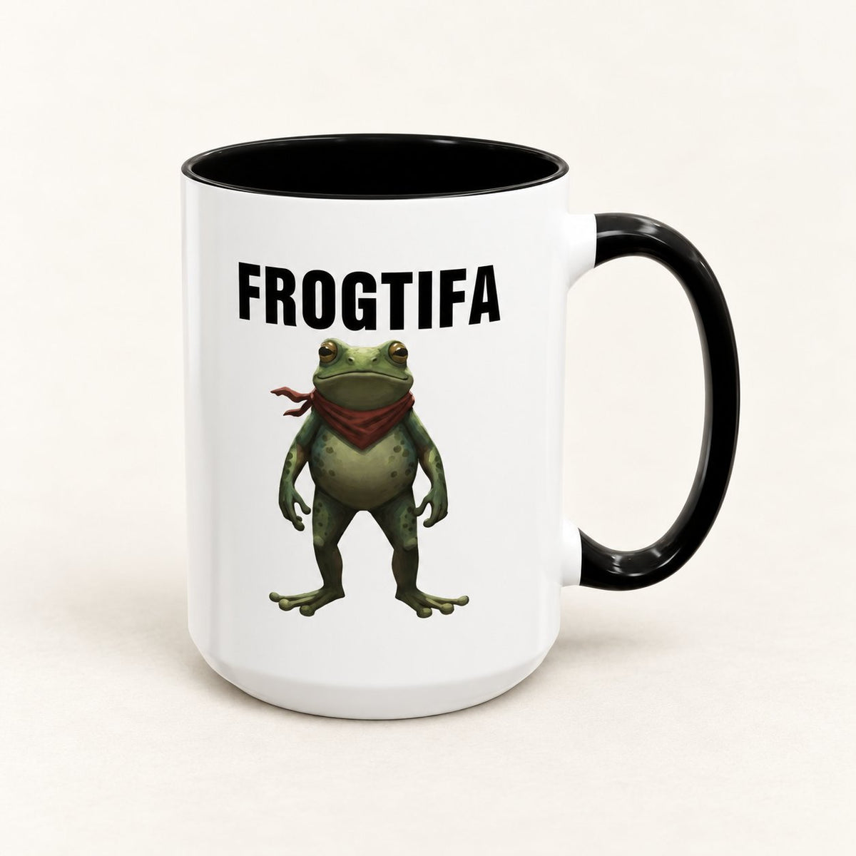 Frogtifa Portland Frog Coffee Mug on warm off-white background