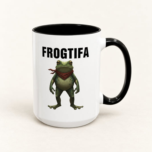 Frogtifa Portland Frog Coffee Mug on warm off-white background
