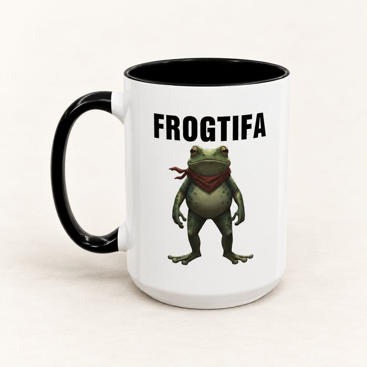 Frogtifa Portland Frog Coffee Mug on warm off-white background