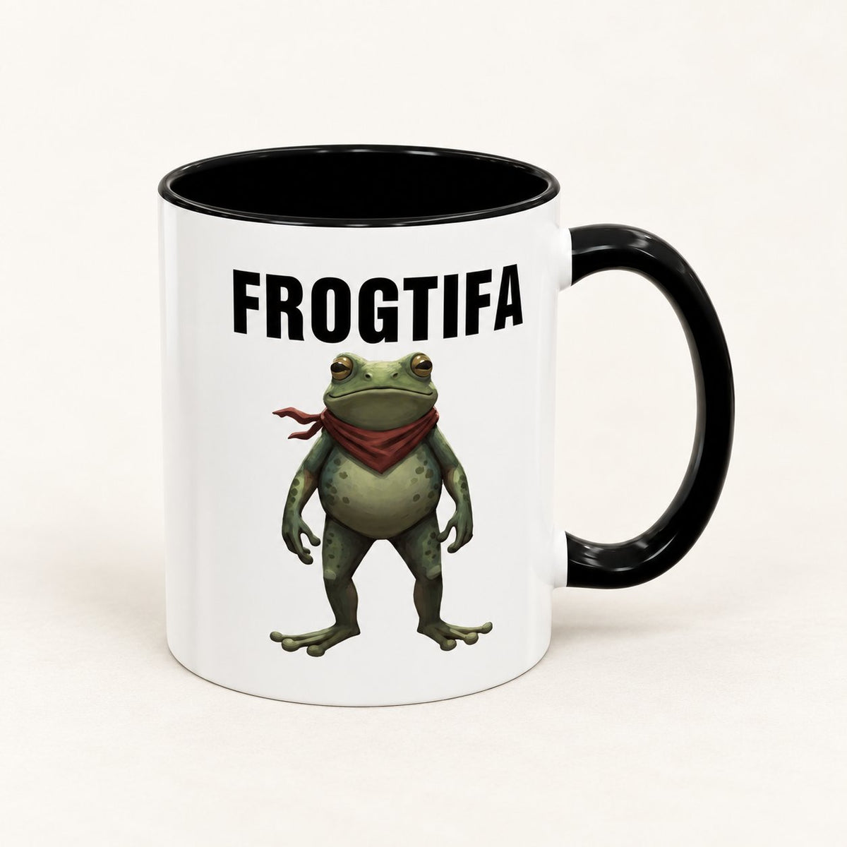Frogtifa Portland Frog Coffee Mug on warm off-white background
