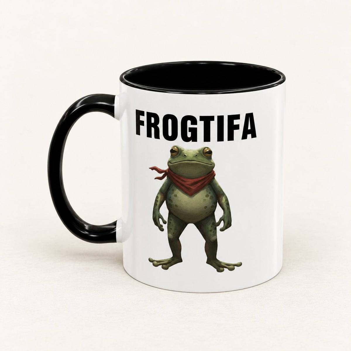 Frogtifa Portland Frog Coffee Mug on warm off-white background