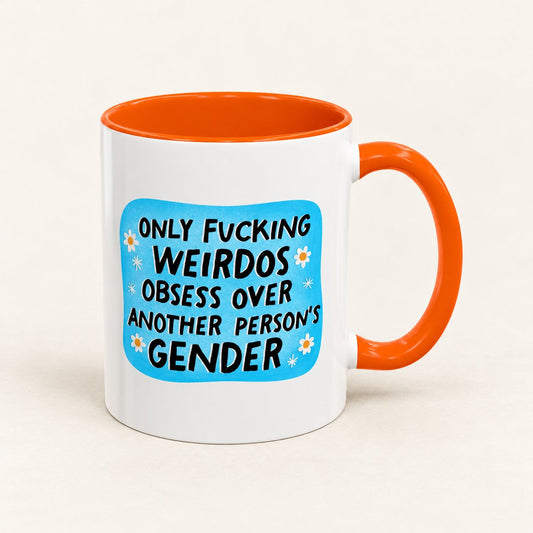 Gender Obsessed Weirdos Coffee Mug, 11 oz, on a warm off-white background