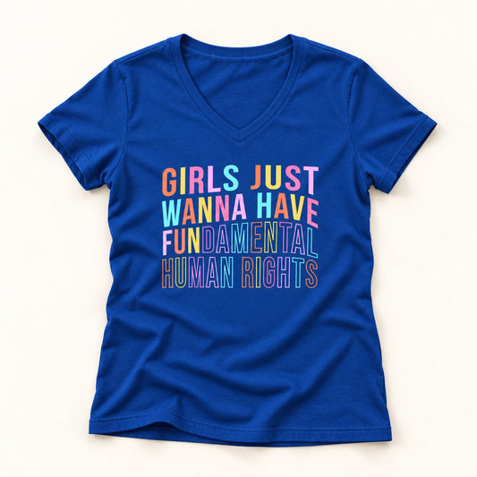 Girls Just Wanna Have Fundamental Human Rights V-Neck T-Shirt in Royal, flat lay on warm off-white background