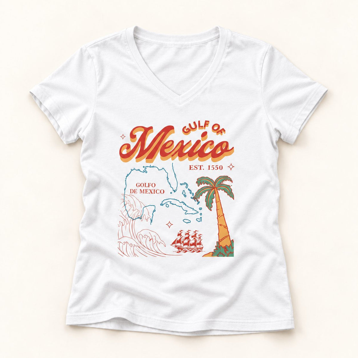 Gulf of Mexico Map V-Neck T-Shirt in White, flat lay on warm off-white background