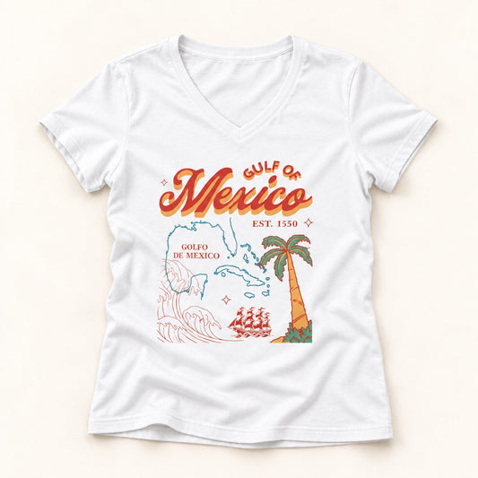 Gulf of Mexico Map V-Neck T-Shirt in White, flat lay on warm off-white background