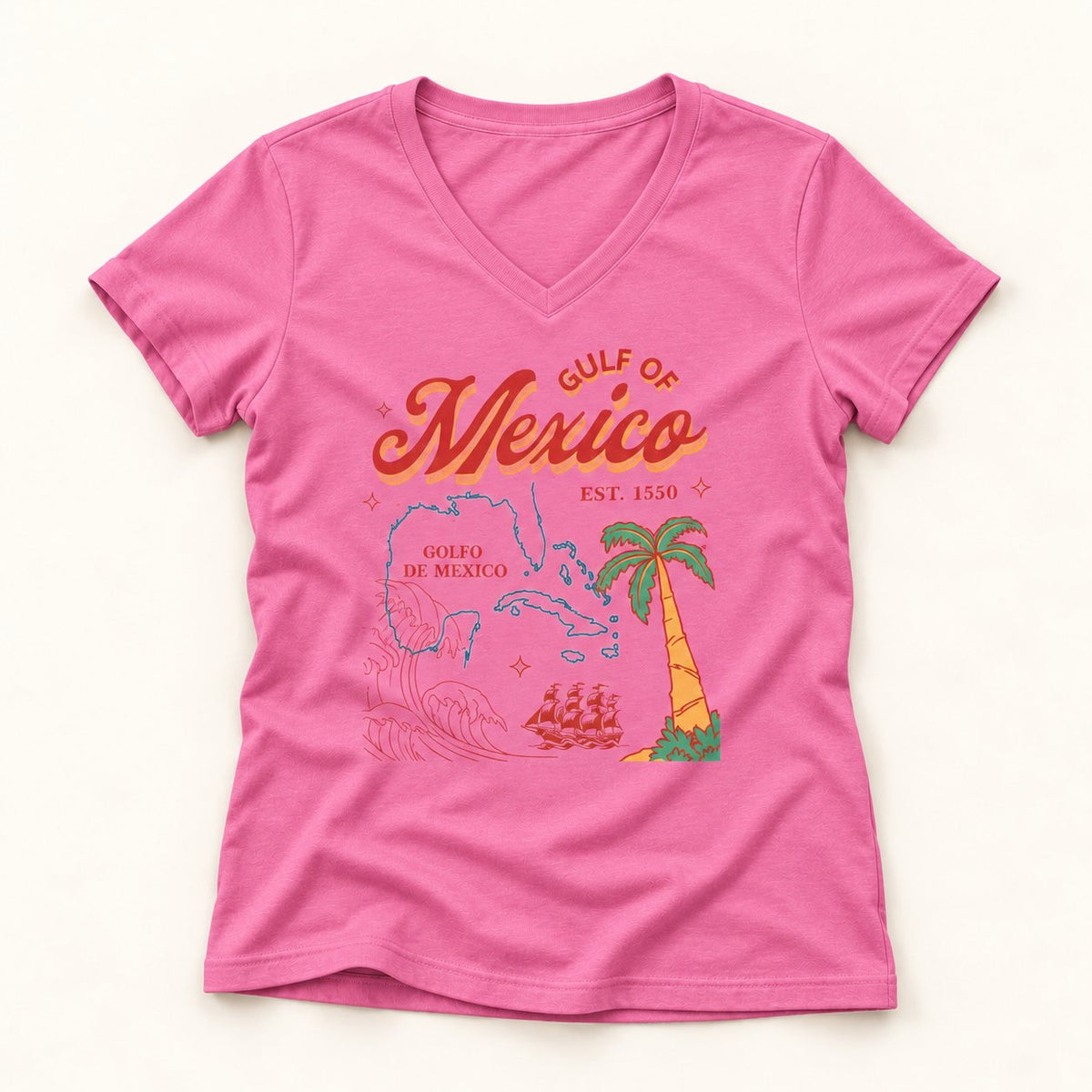 Gulf of Mexico Map V-Neck T-Shirt in Azalea, flat lay on warm off-white background