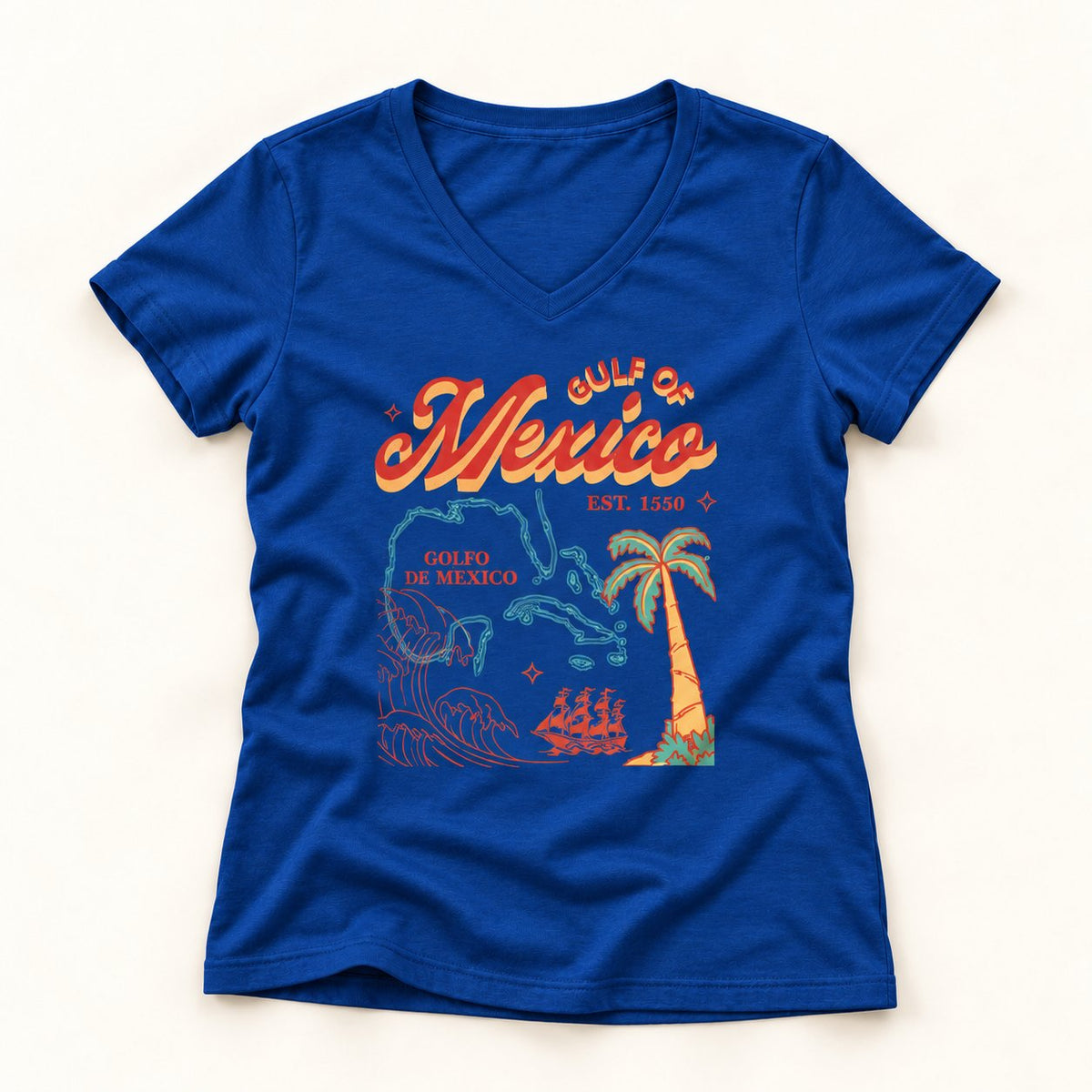 Gulf of Mexico Map V-Neck T-Shirt in Royal, flat lay on warm off-white background