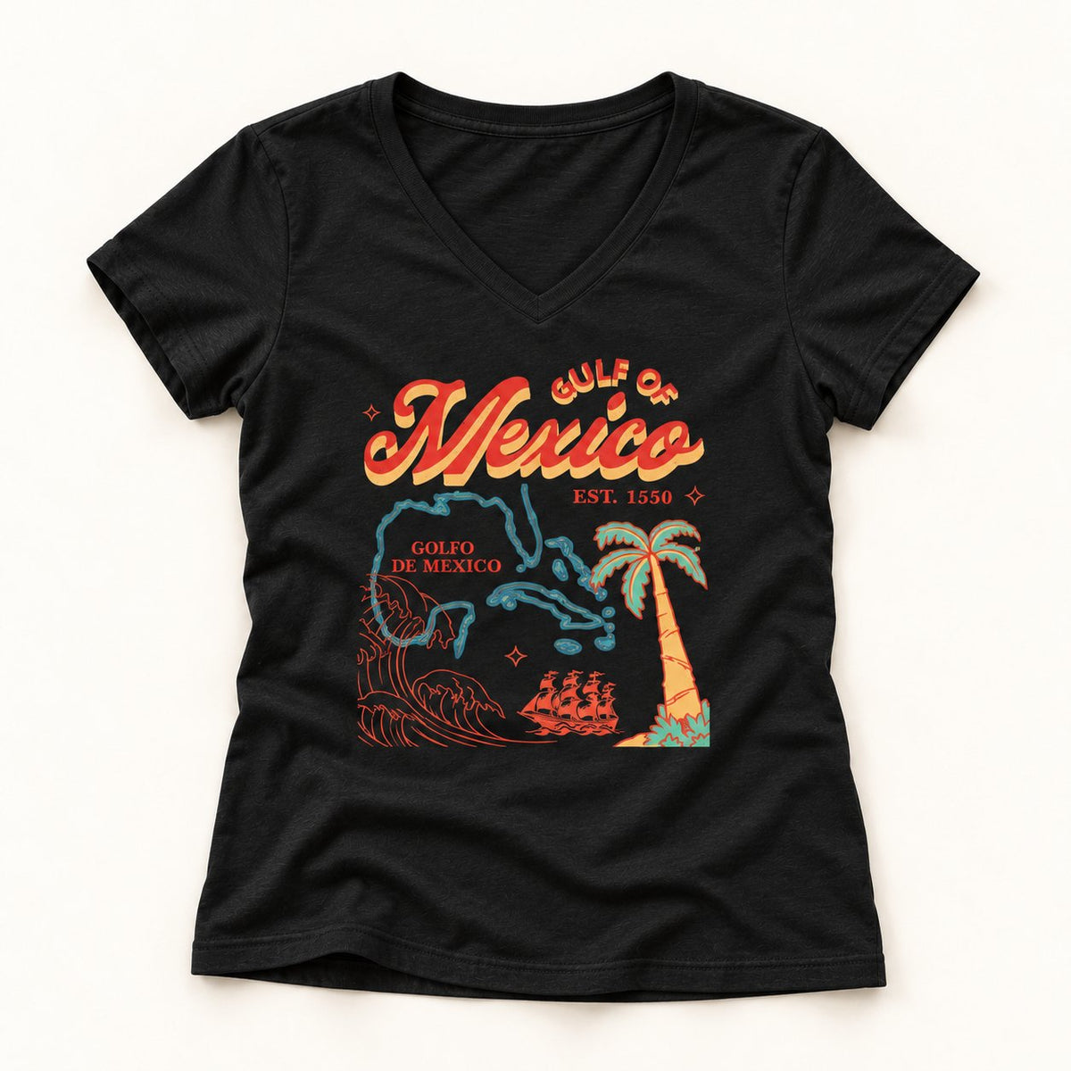 Gulf of Mexico Map V-Neck T-Shirt in Black, flat lay on warm off-white background