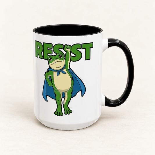 Heroic Resistance Frog Coffee Mug on warm off-white background