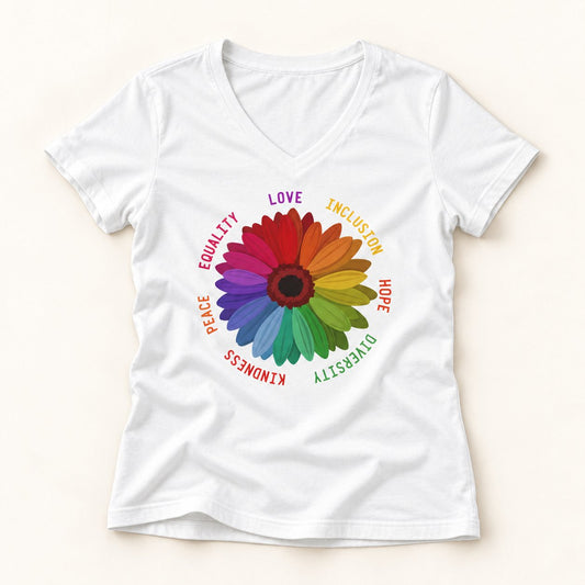 Inclusion Love Equality V-Neck T-Shirt in White, flat lay on warm off-white background