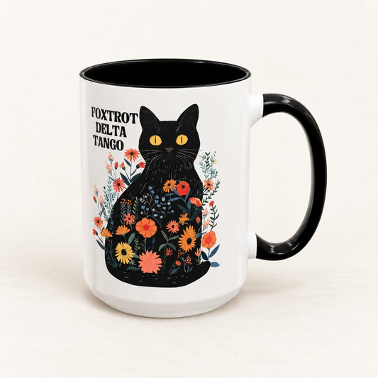 Kitty Foxtrot Delta Tango FDT Coffee Mug on warm off-white background