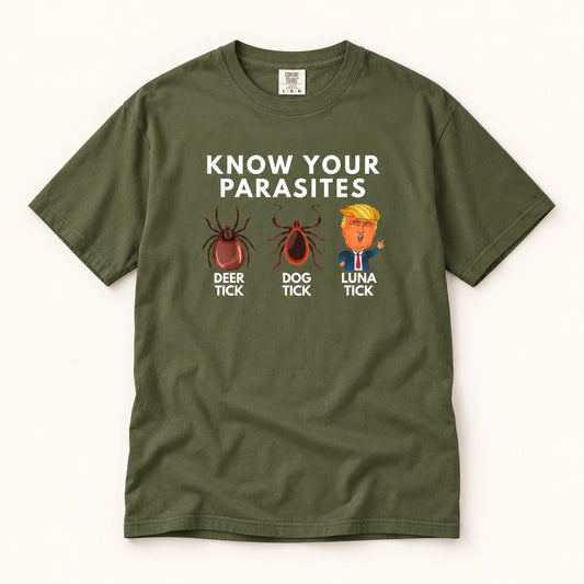 Know Your Parasites T-Shirt, product photo on warm off-white background