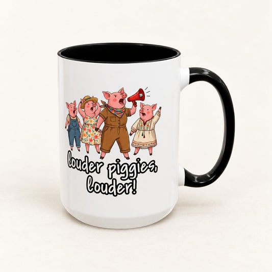 Louder Piggies Coffee Mug on warm off-white background