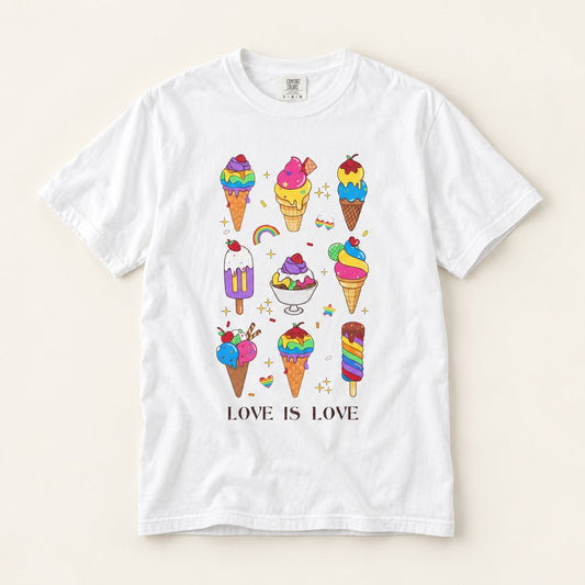 Love Is Love T-Shirt, product photo on warm off-white background