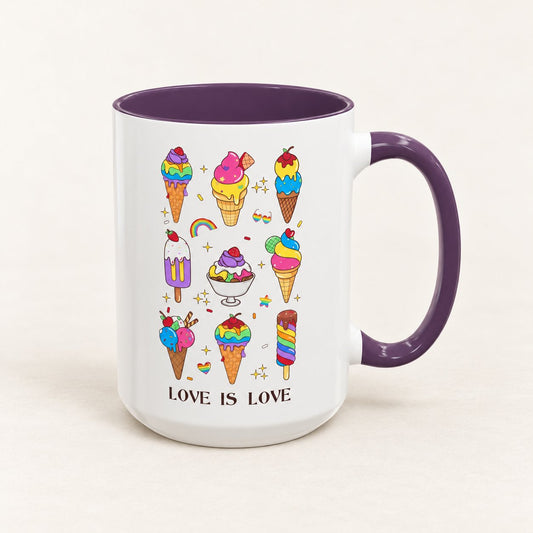 Love Is Love LGBTQ Coffee Mug, product view on warm off-white