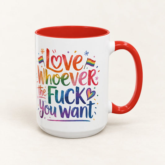 Love Whoever You Want LGBTQ Pride Coffee Mug, product view on warm off-white