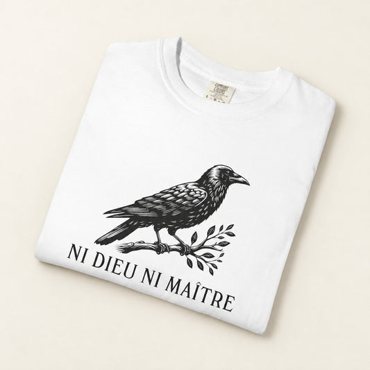 Ni Dieu Ni Maître / Neither God Nor Master T-Shirt, product photo on warm off-white background