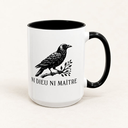 Neither God Nor Master Coffee Mug, 15 oz, on a warm off-white background