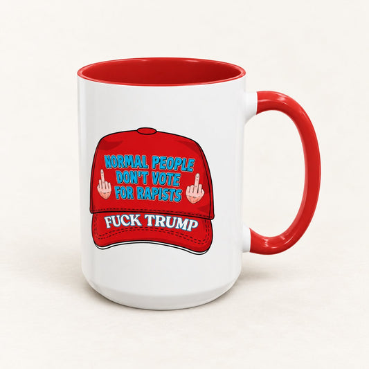 Normal People Don't Vote for R*pists Coffee Mug, 15oz, on a warm off-white background
