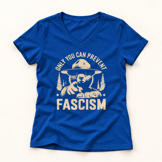 Only You Can Prevent Fascism V-Neck T-Shirt in Royal, flat lay on warm off-white background