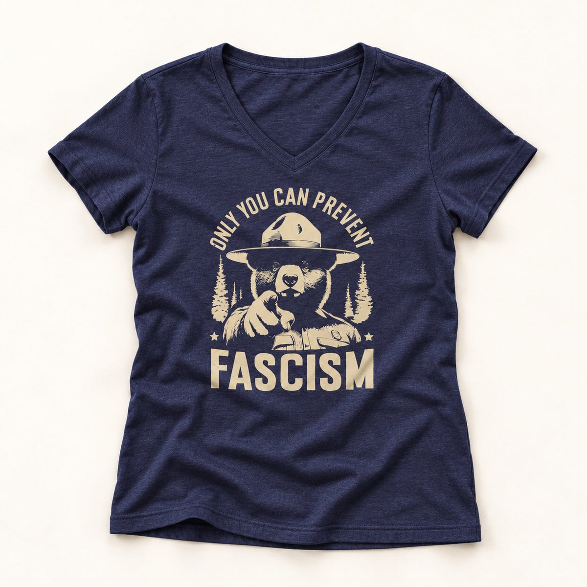 Only You Can Prevent Fascism V-Neck T-Shirt in Heather Navy, flat lay on warm off-white background
