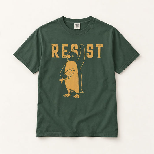 Penguin Resist T-Shirt, product photo on warm off-white background