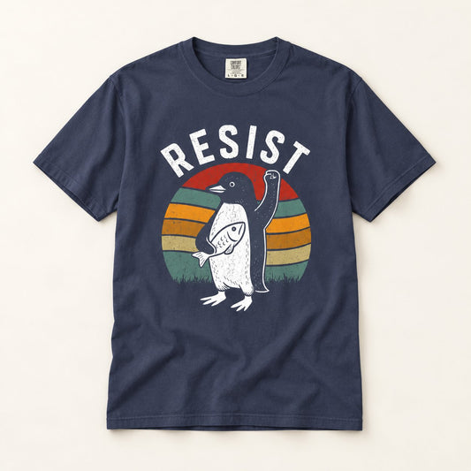 Penguin Sunset Resist T-Shirt, product photo on warm off-white background