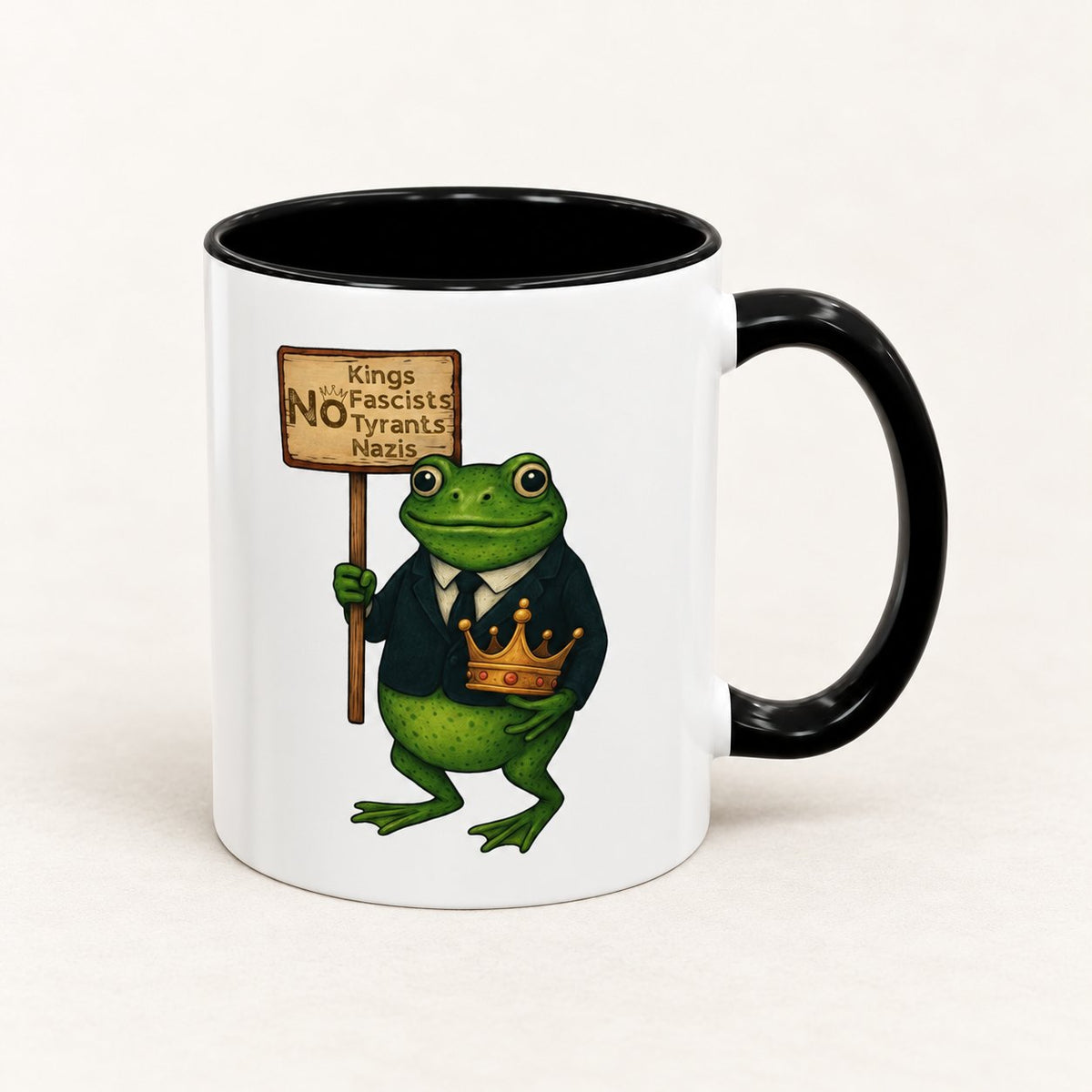 No Kings No Dictators Portland Frog Protest Coffee Mug on warm off-white background
