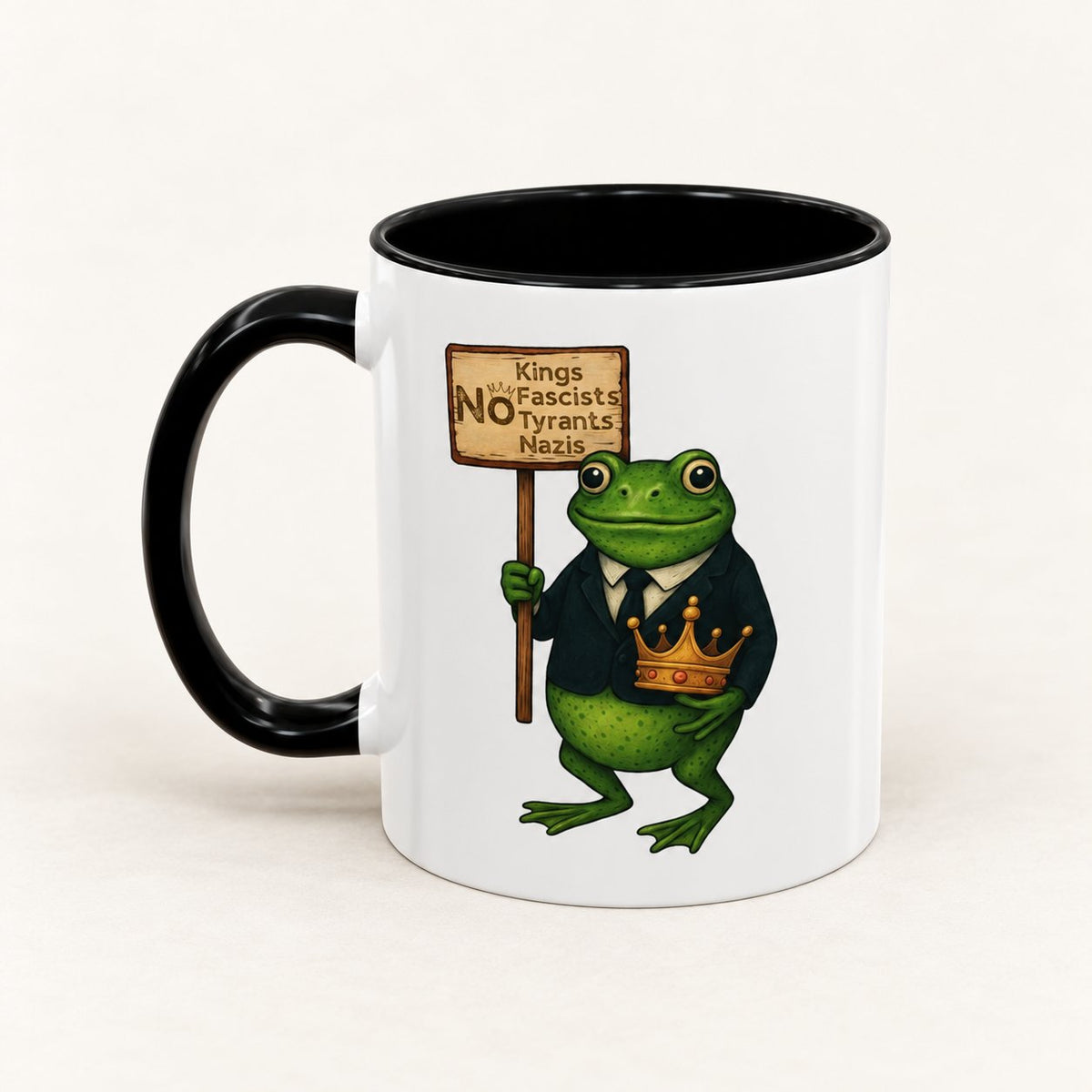 No Kings No Dictators Portland Frog Protest Coffee Mug on warm off-white background