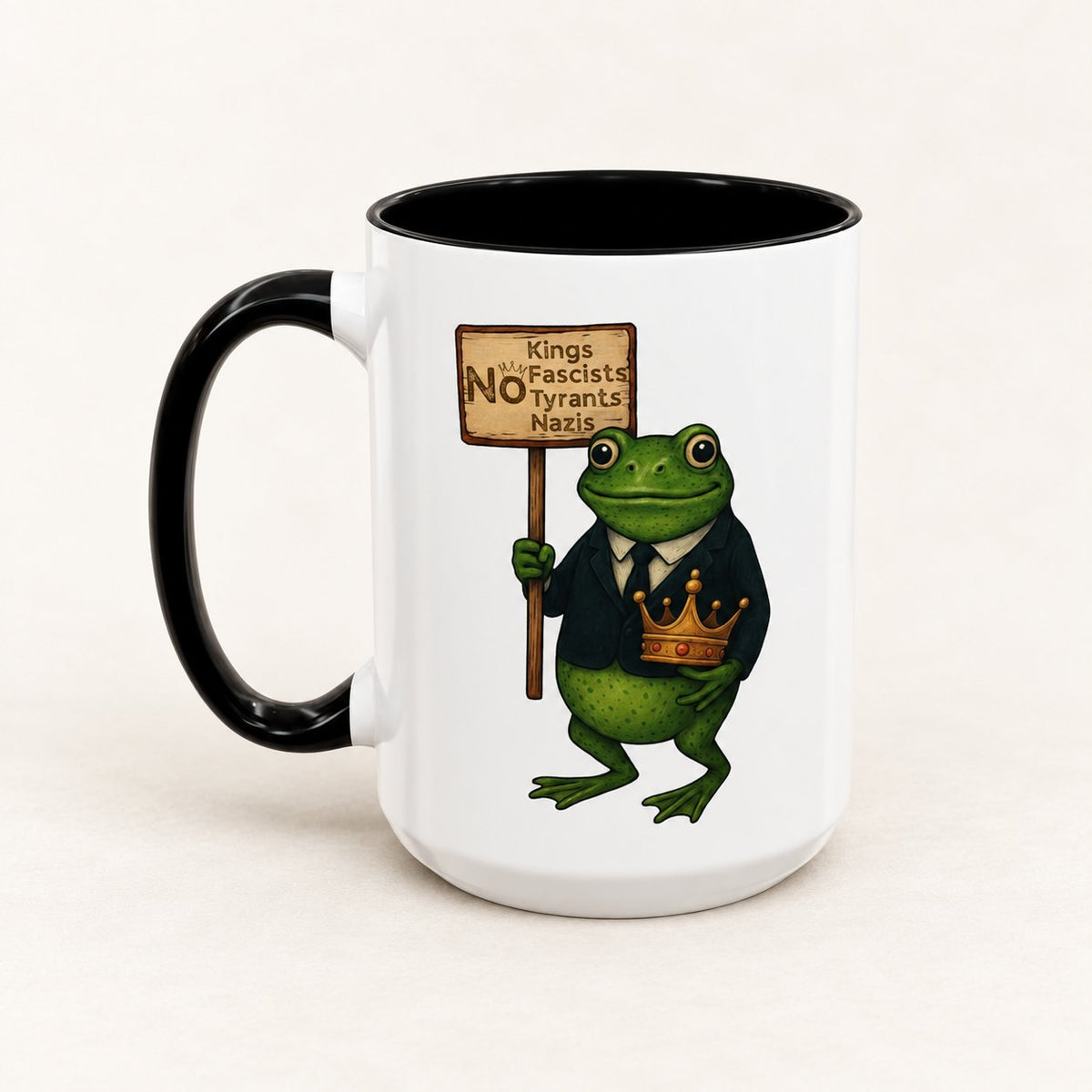 No Kings No Dictators Portland Frog Protest Coffee Mug on warm off-white background