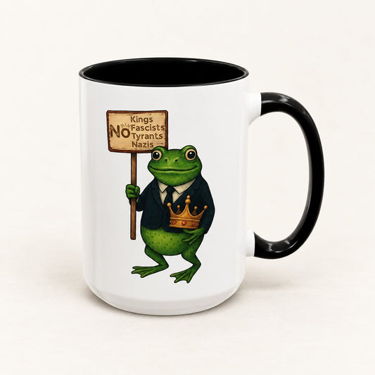 No Kings No Dictators Portland Frog Protest Coffee Mug on warm off-white background