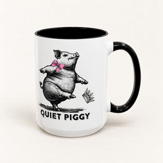 Quiet Piggy Pink Bow Coffee Mug on warm off-white background