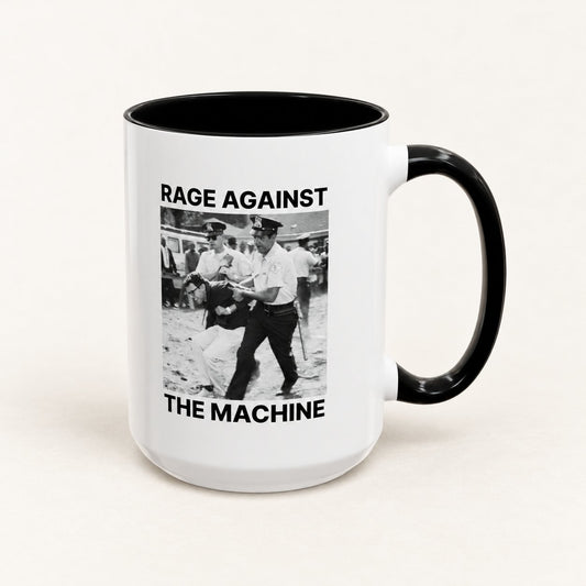 Rage Against the Machine Coffee Mug, 15 oz, on a warm off-white background
