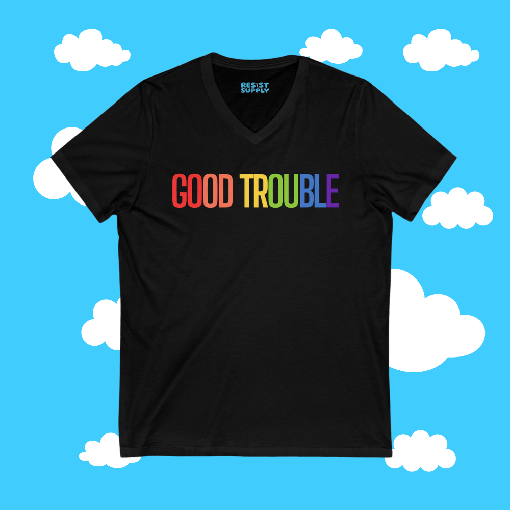 Rainbow Good Trouble Unisex V-Neck Tee - Resist Supply #