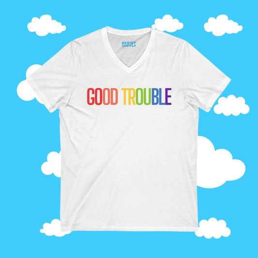Rainbow Good Trouble Unisex V-Neck Tee - Resist Supply #