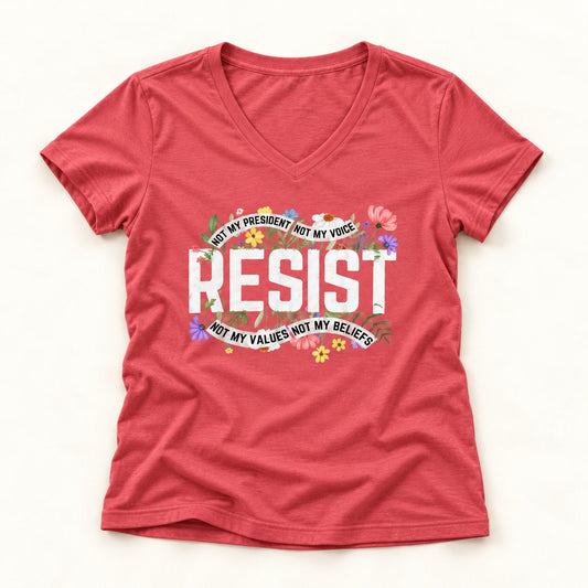 Resist Floral V-Neck T-Shirt in Coral Silk, flat lay on warm off-white background